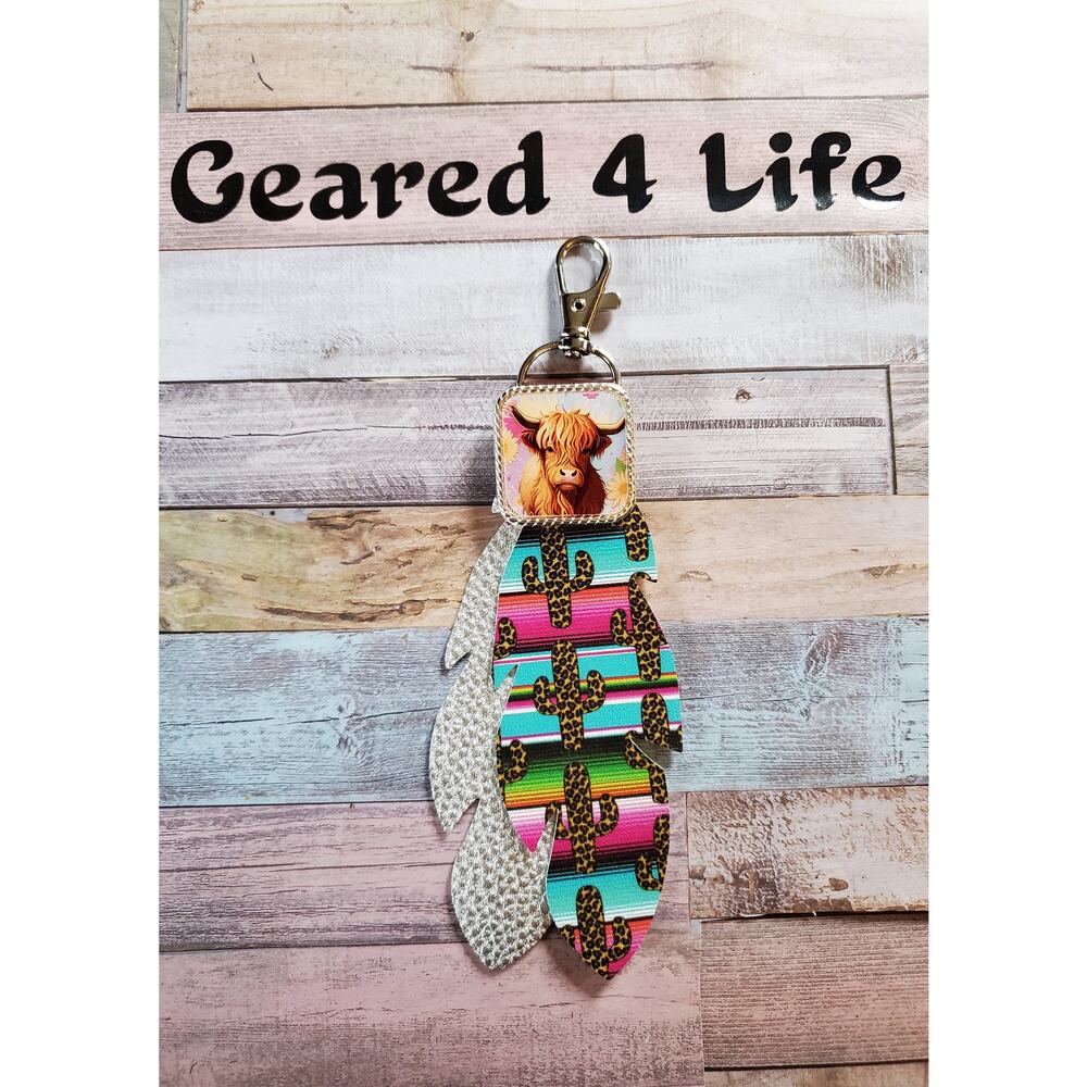 Handcrafted Cow Purse Charm, Leather Feather & cow concho keychain, saddle charm